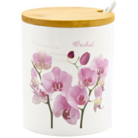 Банка керамічна з ложкою та дерев'яною кришкою 350мл Орхідея