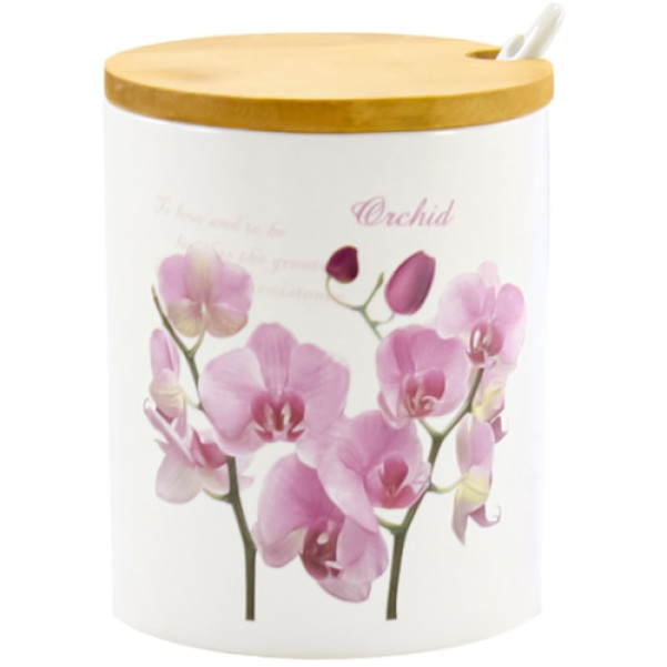 Банка керамічна з ложкою та дерев'яною кришкою 350мл Орхідея