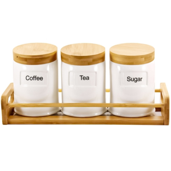 Банки фарфорові з дерев'яною кришкою на дерев'яній підставці 600мл 3шт