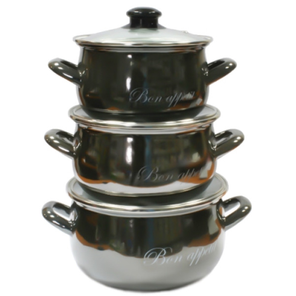 Набір емальованих кастрюль 3шт 2,1л + 3,1л + 4л Bon appetit чорні