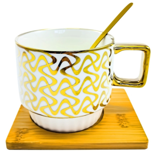 Чашка Мозаїка Золото 330мл на бамбуковій підставці з ложкою
