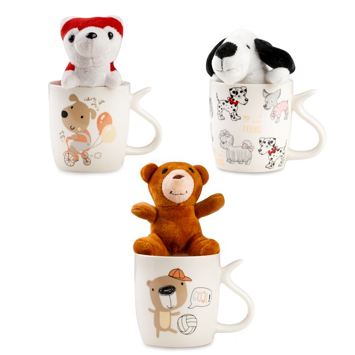 Дитяча фарфорова чашка з м’якою іграшкою 400мл у подарунковій упаковці "Пухнастики"