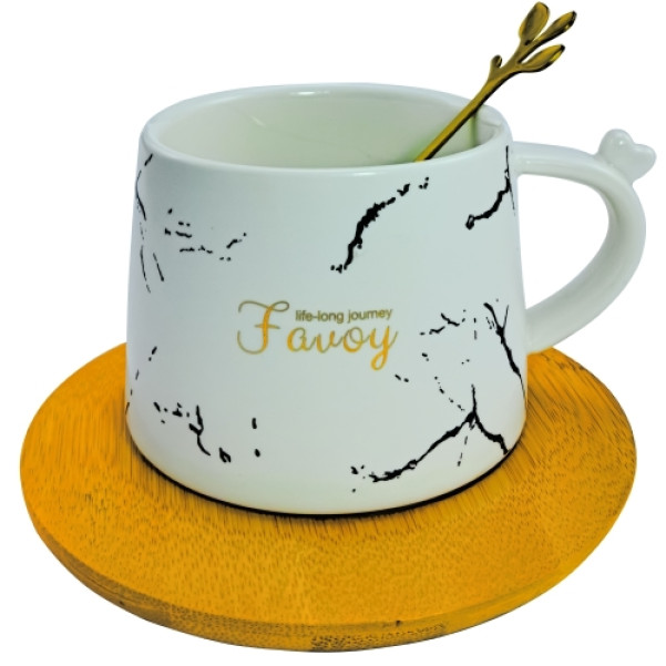 Чашка Мармур Білий 230мл на бамбуковій підставці з ложкою