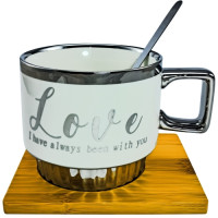Чашка "LOVE Біла" 330мл на бамбуковій підставці з ложкою
