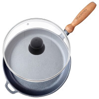 Сковорода чавунна лита 26х6см з дерев'яною ручкою і скляною кришкою