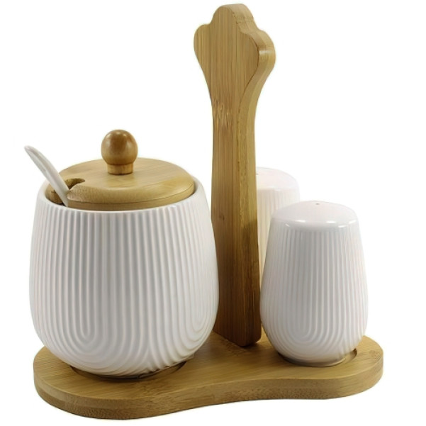Набір для спецій фарфоровий на дерев'яній стійці: цукорниця+сільничка+перечниця
