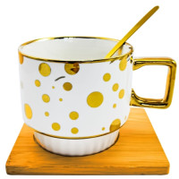 Чашка Горох Золото 330мл на бамбуковій підставці з ложкою